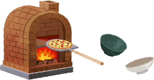 ピザ窯と茶碗のイラスト